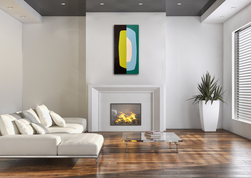 "Moonlight" oil painting in a living room setting with fireplace. Black, yellow green, green, pale blue and white.